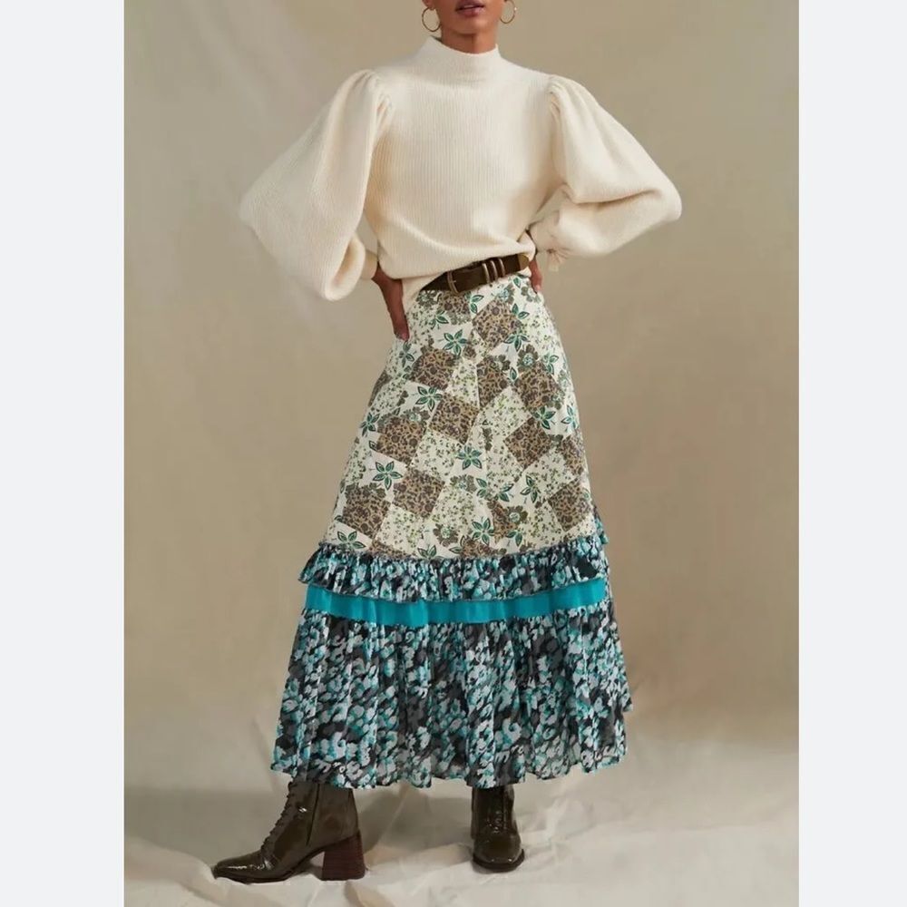 Blue Cream Patchwork Maxi Skirt